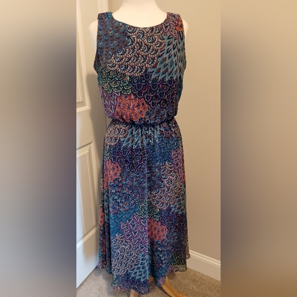 MSK Paisley Peacock Printed Sleevless Blue/Purple Lined Maxi Dress Sz 6